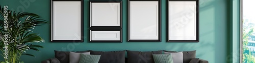 Six black frames on a muted teal wall, sophisticated living room design photo