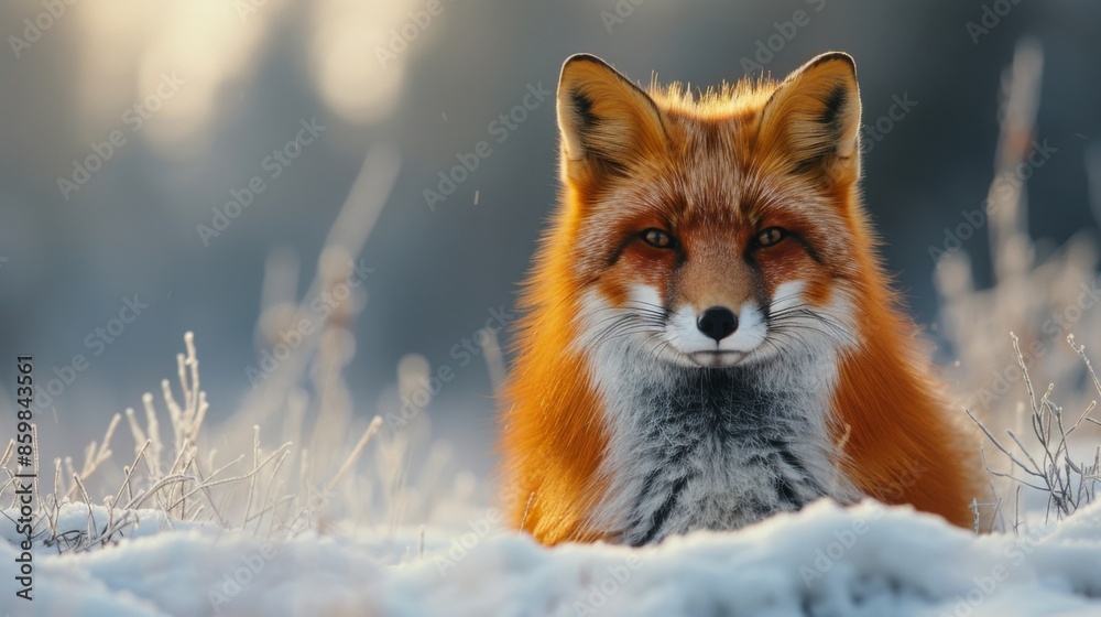 Red Fox hunting, Vulpes vulpes. Orange fur coat animal in the nature habitat. Fox on the winter forest meadow, with white snow Red Fox hunting, Vulpes vulpes. Orange fur coat animal in the nature habitat. Fox on the winter forest meadow, with white snow