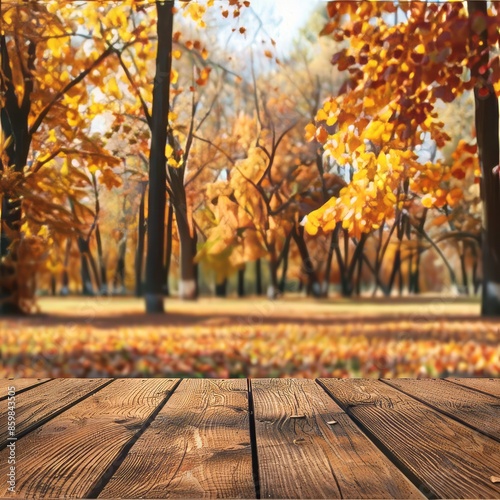 Empty Wooden Table in Park With Fall Leaves