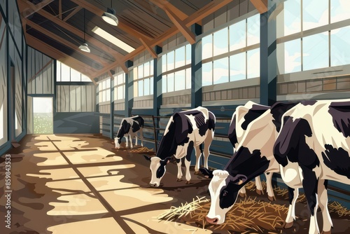 dairy farm interior group of cows eating hay in modern cowshed environment