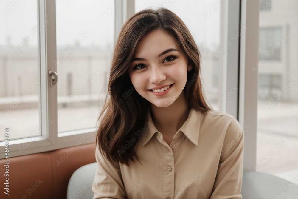 Beautiful young woman checking in at the cute modern cafe, smiling and looking at the camera, beige color theme. Beautiful young woman checking in at the cute modern cafe, smiling and looking at the camera, beige color theme.