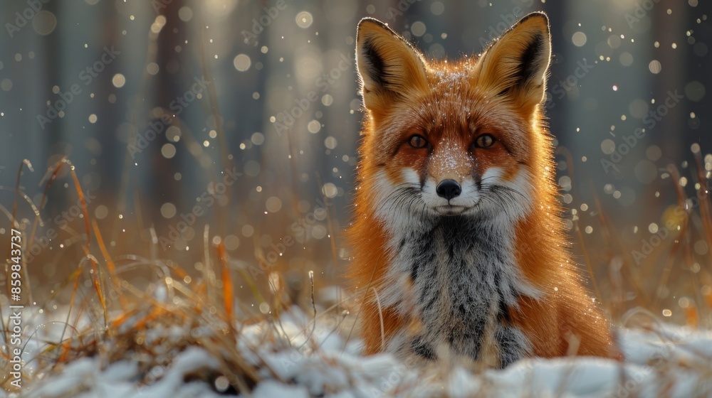 Red Fox hunting, Vulpes vulpes. Orange fur coat animal in the nature habitat. Fox on the winter forest meadow, with white snow Red Fox hunting, Vulpes vulpes. Orange fur coat animal in the nature habitat. Fox on the winter forest meadow, with white snow