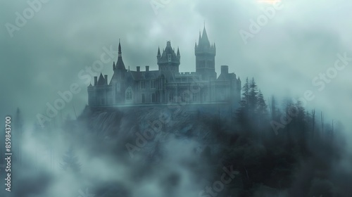 old castle in the fog