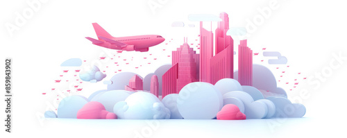 Wallpaper Mural A pink and white cityscape with a pink airplane flying through it. The city is full of buildings and clouds, and the airplane is the main focus of the image. Scene is one of excitement and adventure Torontodigital.ca