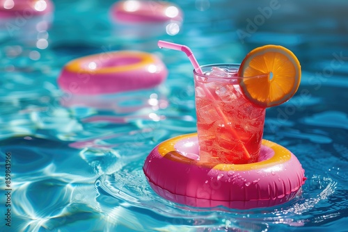 Pink Drink in an Inflatable Floatie, Food and Beverage Art, Summer Pool Party Fun Backdrop, Floating Poolside Swimming Toy, Whimsical Hot Sunny Day Wallpaper, Blue Water Themed Background Graphic