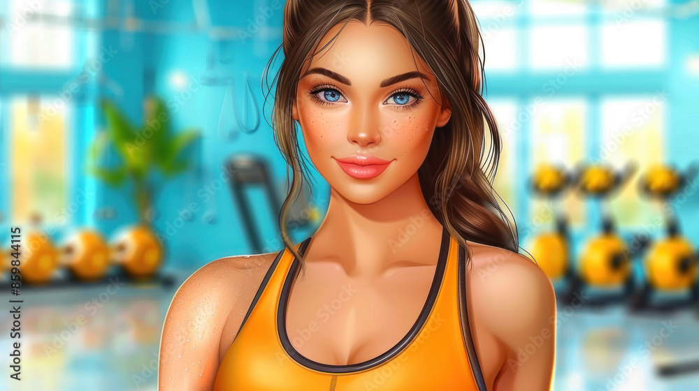 A woman in a yellow tank top poses in a gym. The image is a cartoonish representation of a woman in a gym setting A woman in a yellow tank top poses in a gym. The image is a cartoonish representation of a woman in a gym setting