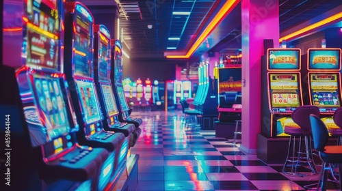 Empty casino with brightly lit slot machines and silent gambling tables, no people visible. photo