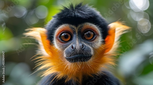 Red-shanked douc langurs, Pygathrix namaeus, detail portrait of cute rare andemic monkey in the nature habitat