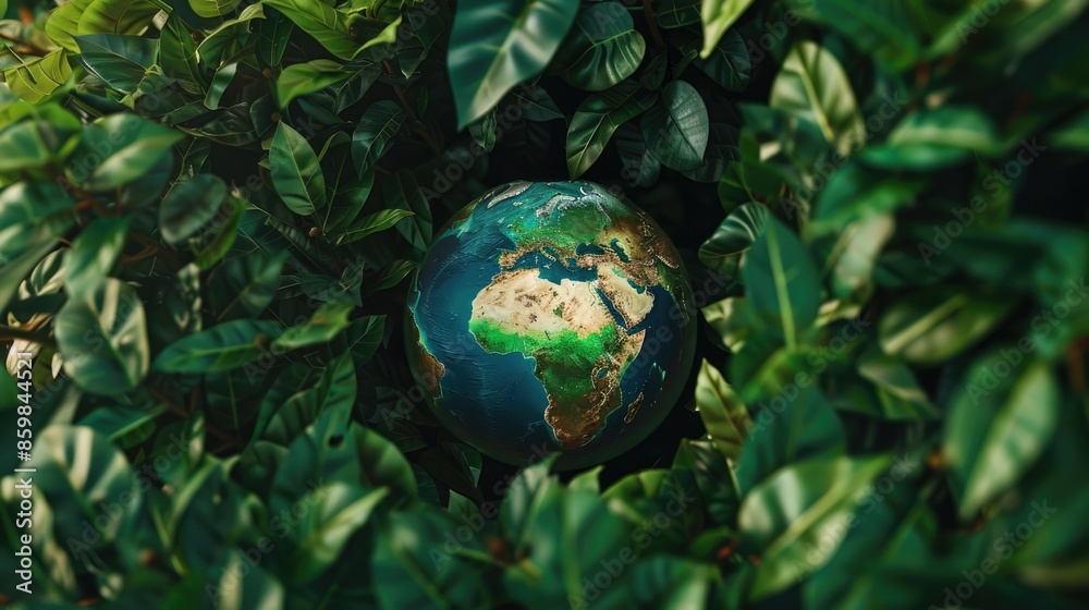 Earth globe surrounded by lush green leaves, signifying global environmental protection and care. Earth globe surrounded by lush green leaves, signifying global environmental protection and care.