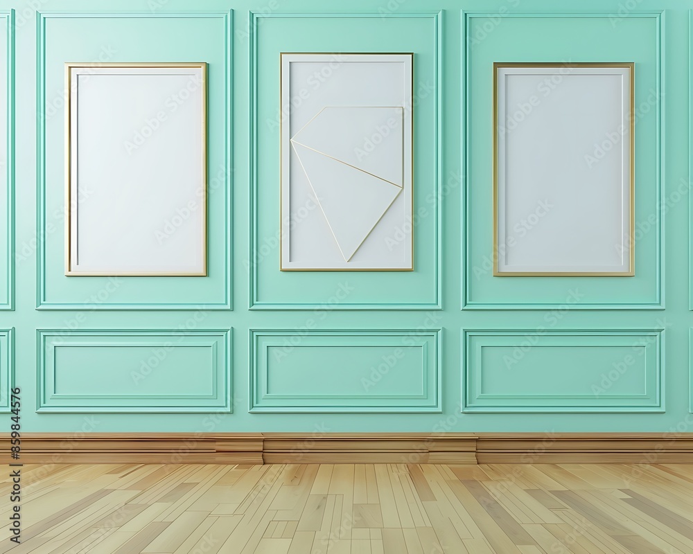 Three empty frames, each with a bold geometric shape, on a cool mint wall in a stylish art gallery, with a laminate wood floor. Three empty frames, each with a bold geometric shape, on a cool mint wall in a stylish art gallery, with a laminate wood floor.
