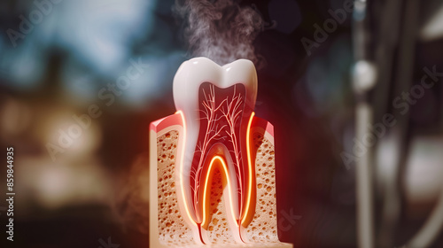 Tooth with Cavity Glowing in Pain: Digital Illustration of Dental Care Importance photo