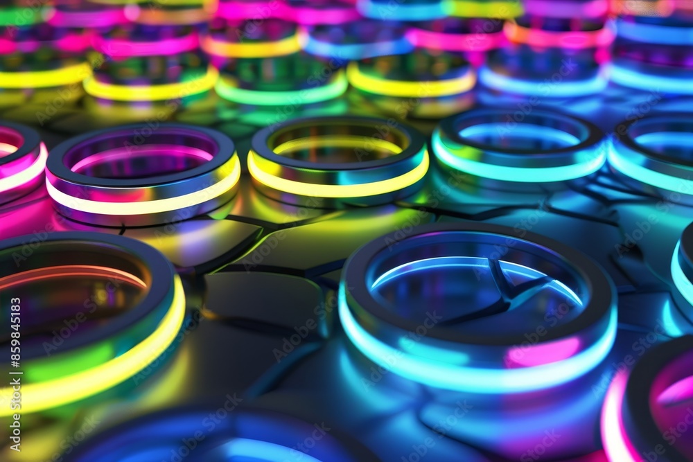 A colorful array of neon lights in the shape of circles generated by AI A colorful array of neon lights in the shape of circles generated by AI