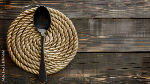 Round rope napkin or stand and spoon on a wooden rusti Ceramic bowl and wooden spoon on the table, Generative AI photo