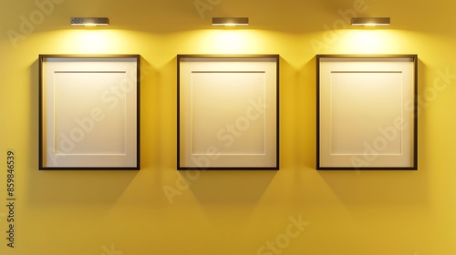 Three empty square frames in a horizontal line on a lemon yellow wall, each frame softly illuminated by a spotlight, creating a bright and cheerful display
