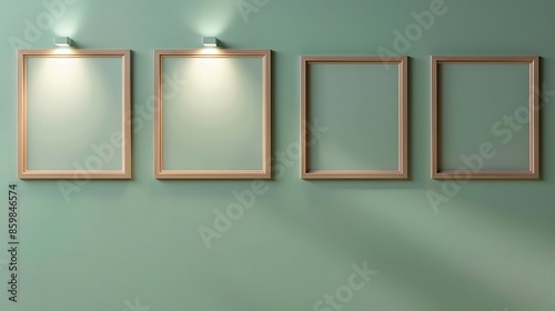Three empty square frames in a horizontal line on a pastel green wall, each frame gently lit by a spotlight