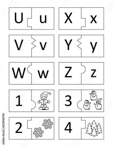 Learn uppercase and lowercase letters of English alphabet from Uu to Zz. Educational flash cards. Learn numbers 1  - 4. Cut, mix, play.

