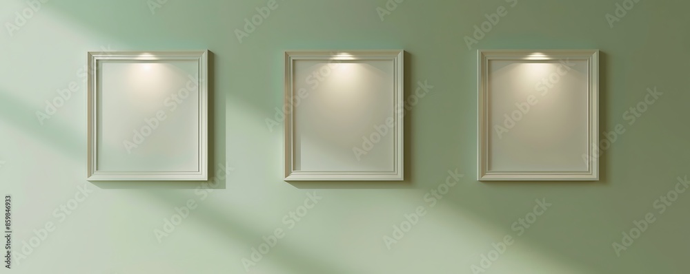 Three empty square frames in a vertical alignment on a pale green wall, each frame softly lit by a spotlight