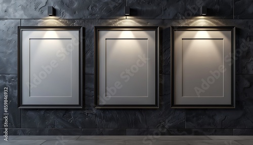 Three empty square frames in a vertical row on a slate grey wall, each frame softly lit by a spotlight
