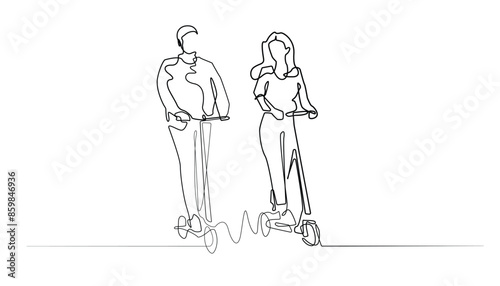 line art drawing of an electric scooter.one line drawing of a man and a woman riding an electric scooter.isolated white background