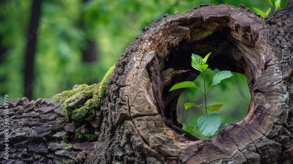 A sapling emerging from the hollow of a dead tree trunk, symbolizing new life and renewal in nature. A sapling emerging from the hollow of a dead tree trunk, symbolizing new life and renewal in nature.
