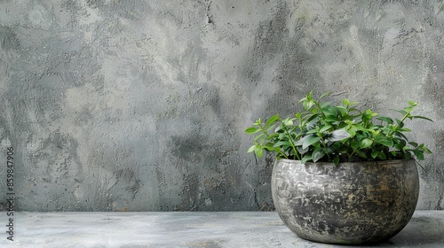 Aged pewter pot with plant on concrete background Space for text photo