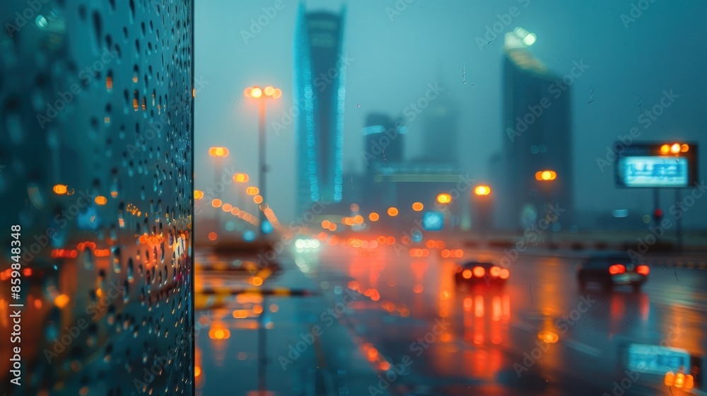 Obraz premium Rainy Cityscape Through a Wet Window
