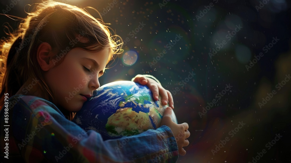 Naklejka premium A girl giving a heartfelt hug to a globe, representing love and care for the planet.