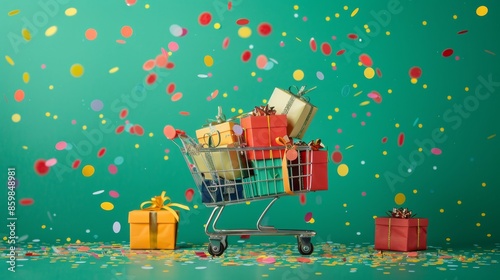 Online shopping spree representation with a cart full of bright gift boxes on a green backdrop with confetti