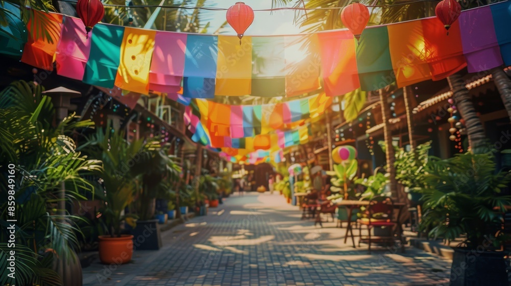 Fototapeta premium A colorful street with many potted plants and lanterns hanging from the trees