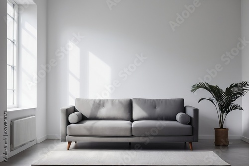 Minimal room with a gray sofa and empty white wall with natural light and copy space