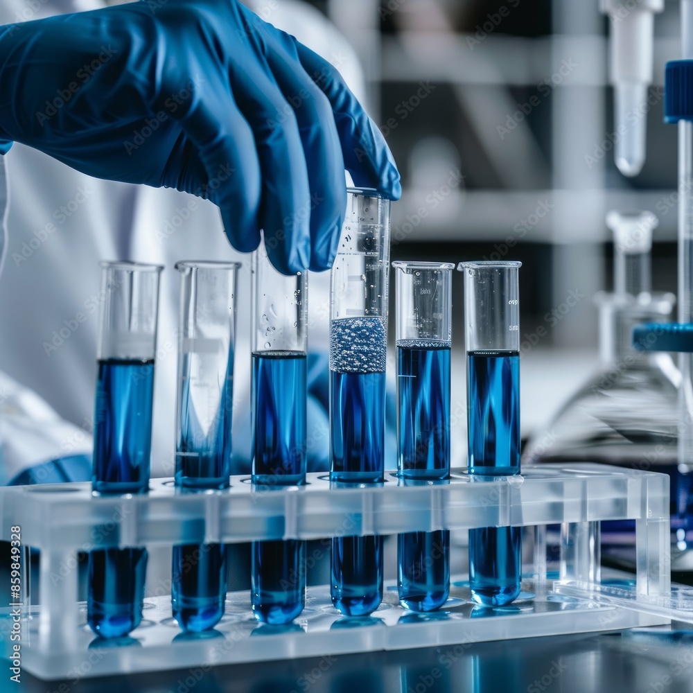 Scientist Holding Blue Test Tube in Laboratory Scientist Holding Blue Test Tube in Laboratory