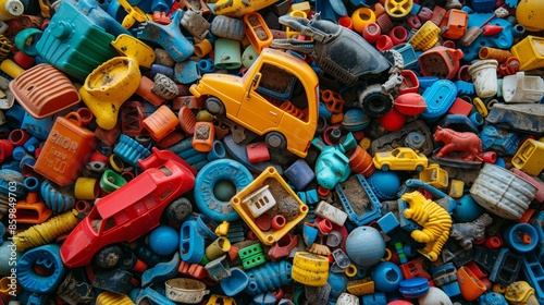 A pile of colorful plastic pieces, including some that look like buildings