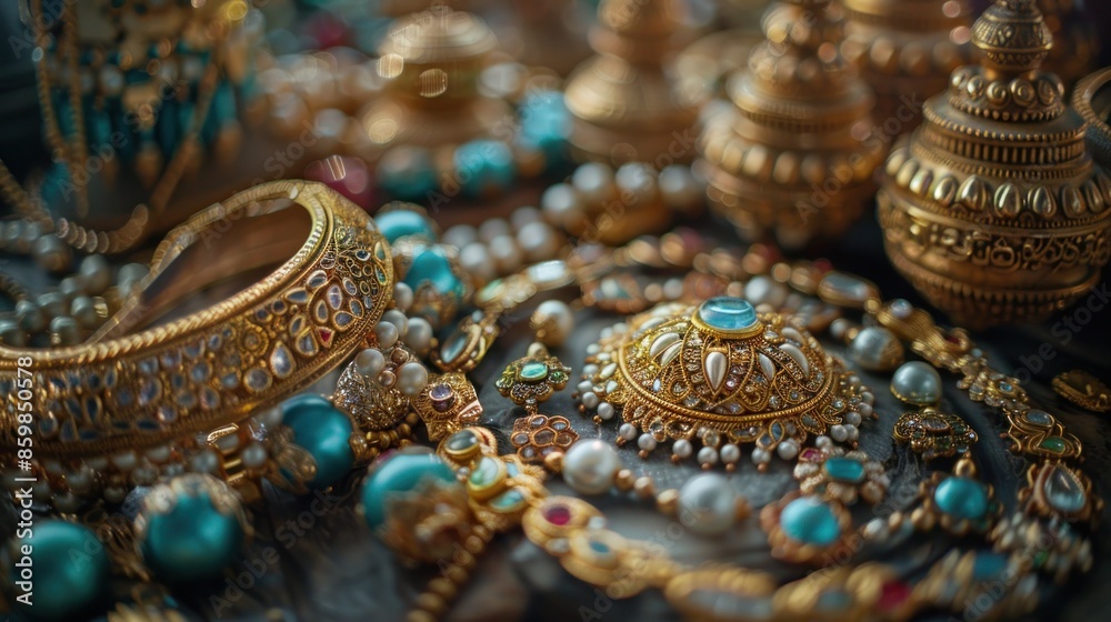 A Close-up of Elaborate Gold Jewelry with Turquoise and Pearls A Close-up of Elaborate Gold Jewelry with Turquoise and Pearls