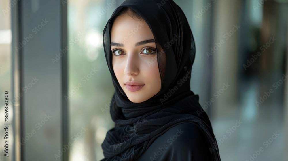 Modest Fashion: Saudi Woman in Trendy Black Abaya and Hijab for Modern Arab Women's Style Portrait Modest Fashion: Saudi Woman in Trendy Black Abaya and Hijab for Modern Arab Women's Style Portrait