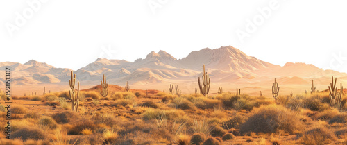 Desert with cactuses and other plants, mountains on background, cut out photo