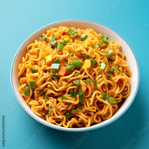 Plain Masala Maggi in bowl on blue background