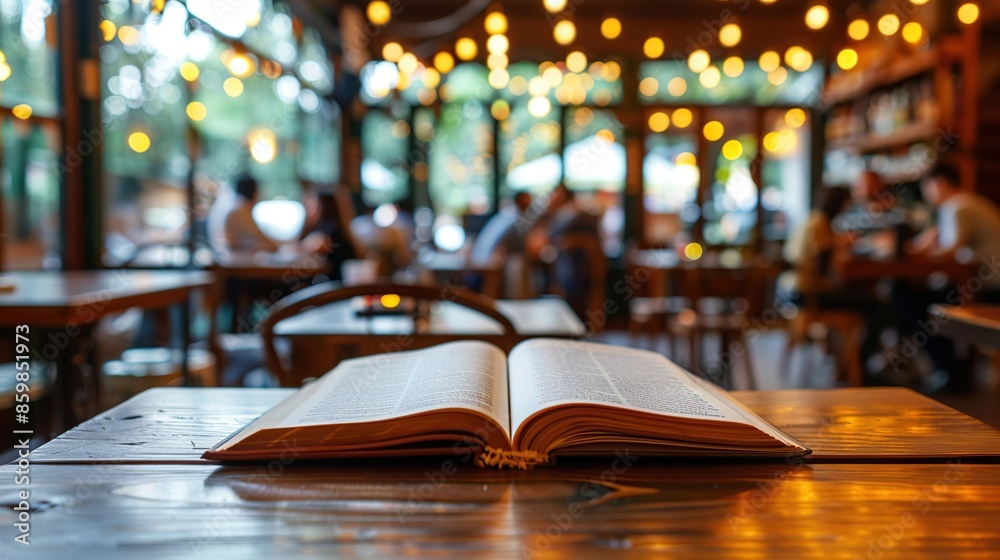 Open Book on a Wooden Table in a Blurred Cafe Setting Open Book on a Wooden Table in a Blurred Cafe Setting