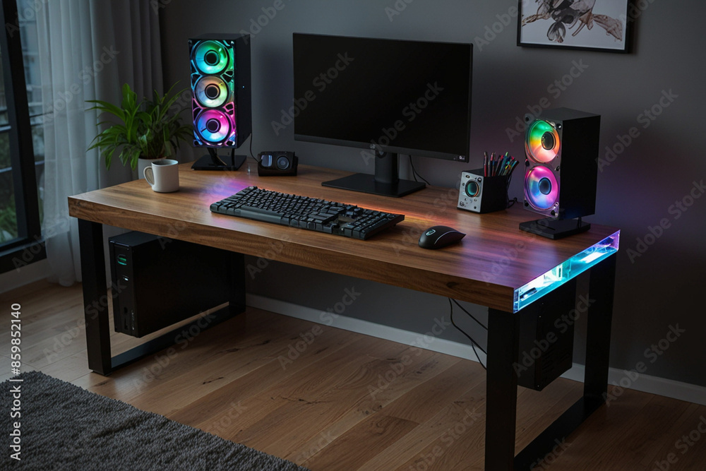 Naklejka premium RGB Gaming pc | liqued cooler computers | gaming case | components of a computer | desktop maching | Technology