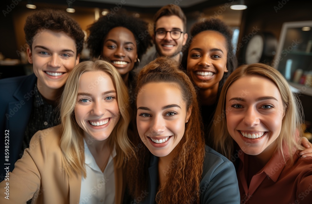Diverse group of young professionals smiling and taking a selfie in an office setting, symbolizing employee community and team building.Labor Day, part-time, happy, hard-working, active Diverse group of young professionals smiling and taking a selfie in an office setting, symbolizing employee community and team building.Labor Day, part-time, happy, hard-working, active
