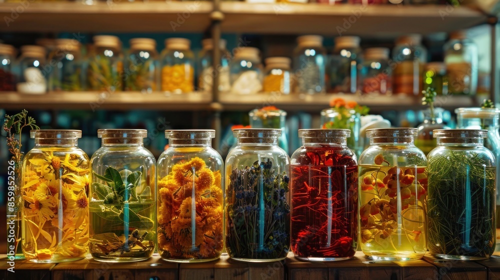 A Collection of Jars Filled with Dried Flowers and Herbs A Collection of Jars Filled with Dried Flowers and Herbs