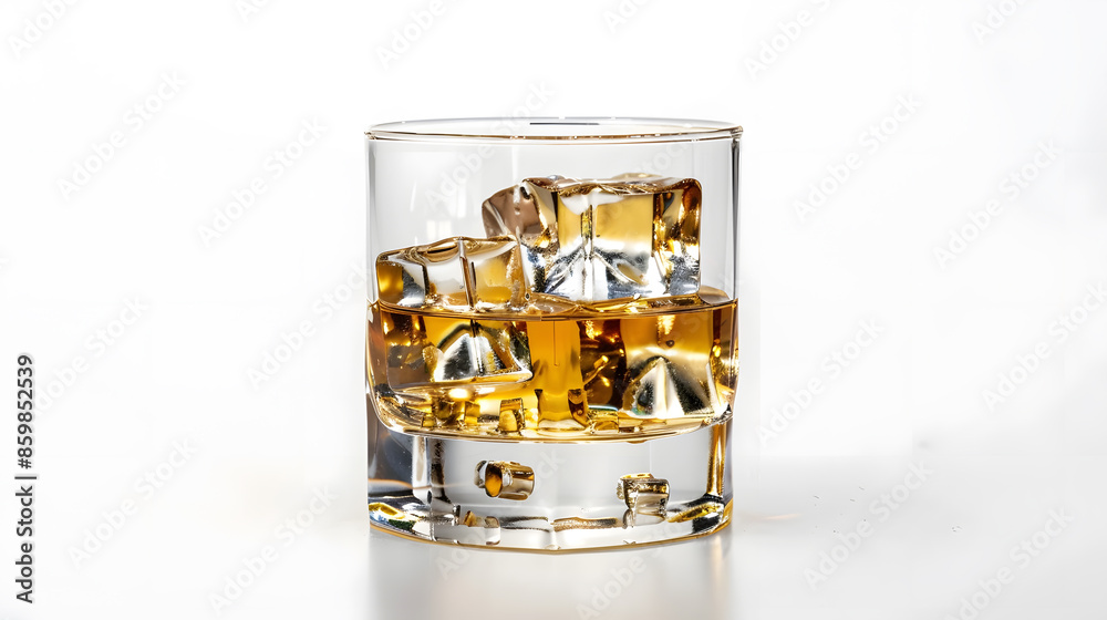 Old fashioned glass with whiskey and ice cubes on white : Generative AI Old fashioned glass with whiskey and ice cubes on white : Generative AI