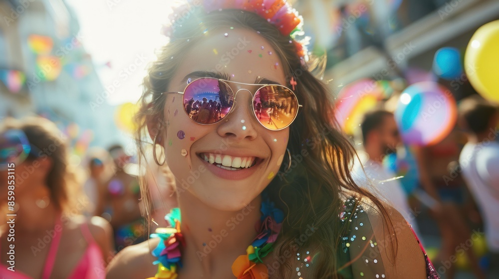 Candid happy young lesbian woman smiling celebrating gay pride LGBTQ festival, Candid happy young lesbian woman smiling celebrating gay pride LGBTQ festival,