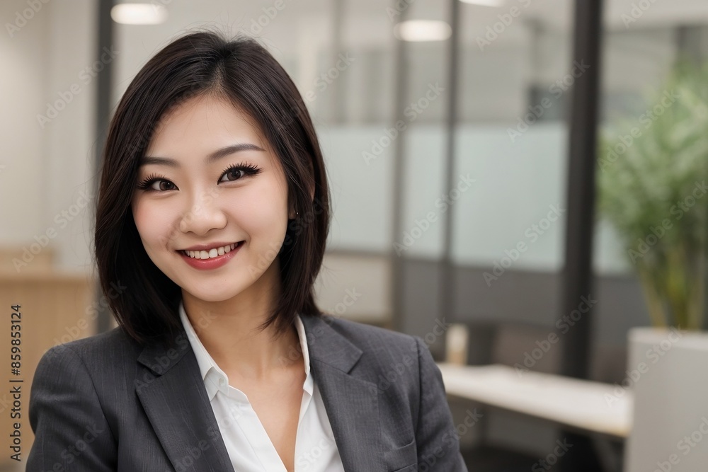 Successful Asian businesswoman smiling against a blurred office background with copy space. Successful Asian businesswoman smiling against a blurred office background with copy space.
