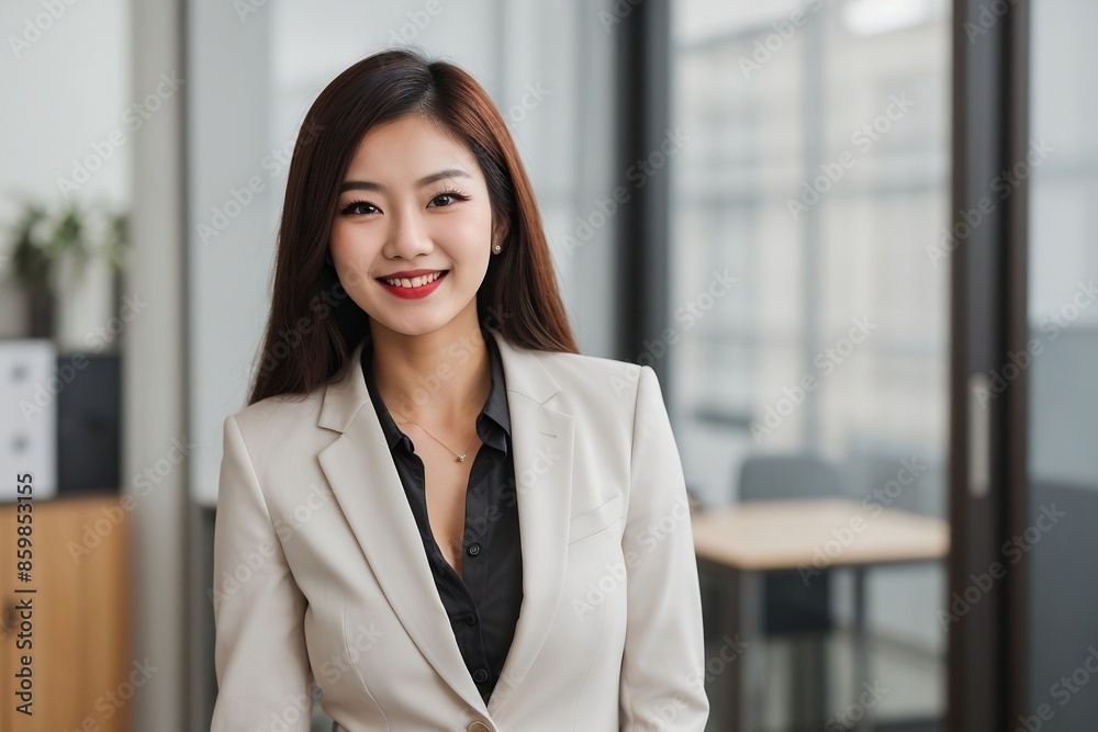 Successful Asian businesswoman smiling against a blurred office background with copy space. Successful Asian businesswoman smiling against a blurred office background with copy space.
