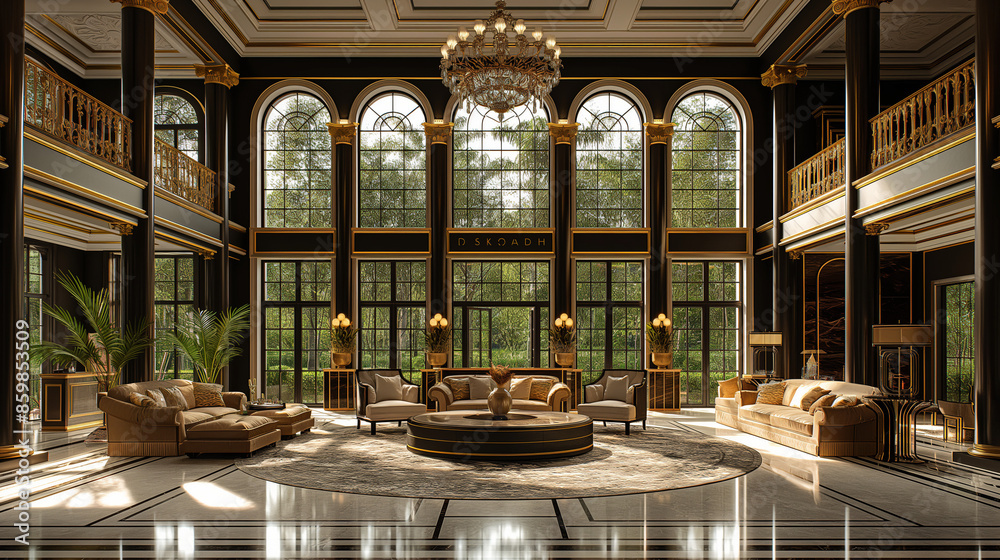 Obraz premium Gigantic luxury mansion interior, black and white color scheme with gold accents, grand double height living room, baroque chandelier above large circular table in the center of the space, elegant lou