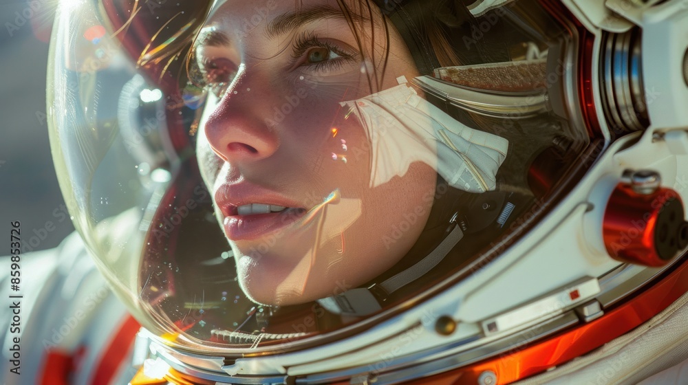 Astronaut looking away from the sun through her space helmet on a sunny day Astronaut looking away from the sun through her space helmet on a sunny day