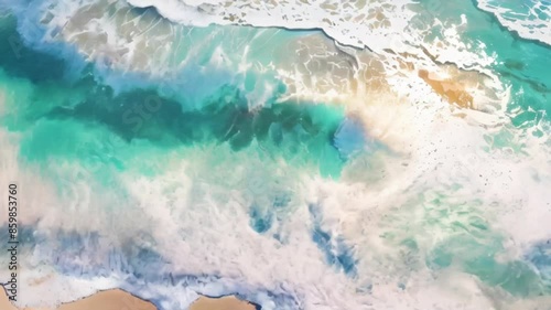 4k looping video captures a close-up of turquoise ocean waves,with white foam forming as they break.Sunlight glistens on the water, showcasing its natural beauty in a tropical environment photo