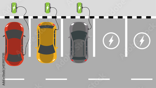 Electric car charger top view. Battery hybrid car parking recharge 