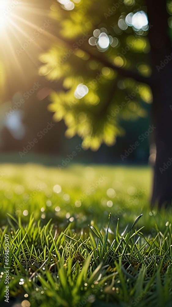Naklejka premium Defocused Natural Background of Vibrant Green Grass. Made with Generative AI Technology