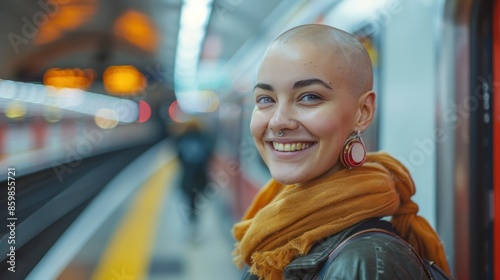 An alopecia patient is smiling on the subway tube train station platform. She is smiling while listening to music as she loses her hair as a result 